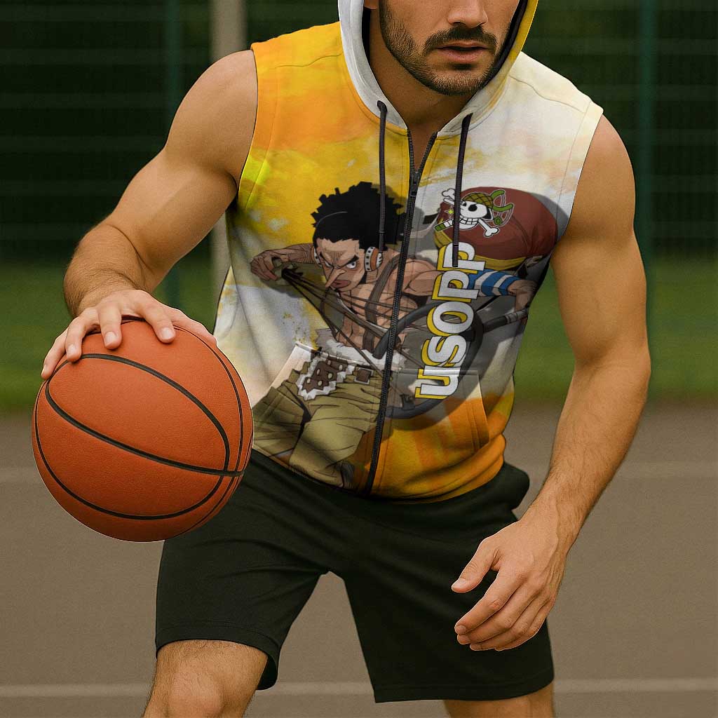 Usopp One Piece Yellow and White Theme Sleeveless Zip Hoodie with Sniper Pose and Sogeking Mask Design - The Mazicc