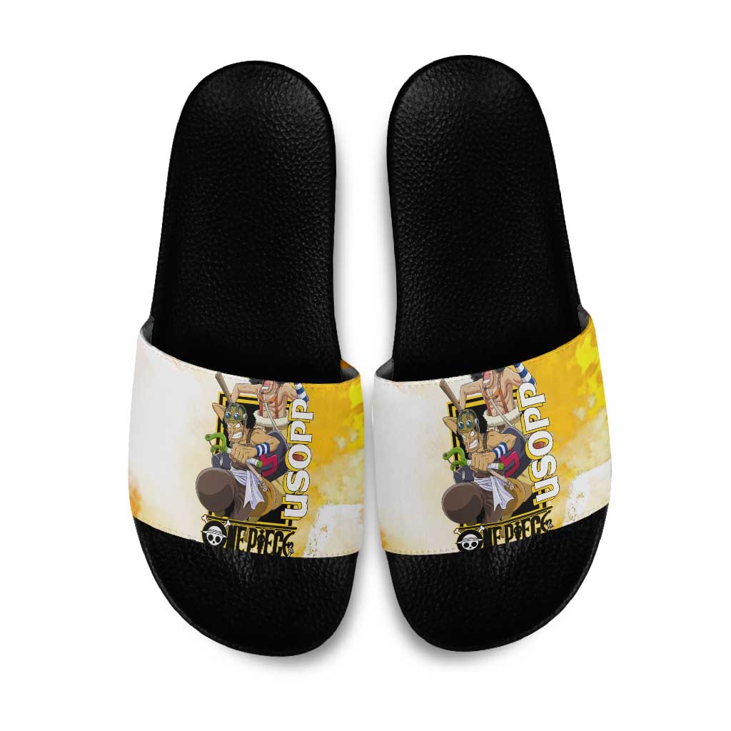 Usopp One Piece Yellow and White Theme Slide Sandals with Sniper Pose and Sogeking Mask Design - The Mazicc
