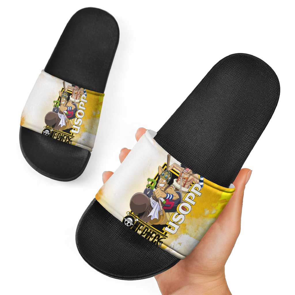 Usopp One Piece Yellow and White Theme Slide Sandals with Sniper Pose and Sogeking Mask Design - The Mazicc