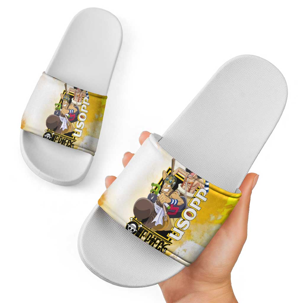 Usopp One Piece Yellow and White Theme Slide Sandals with Sniper Pose and Sogeking Mask Design - The Mazicc