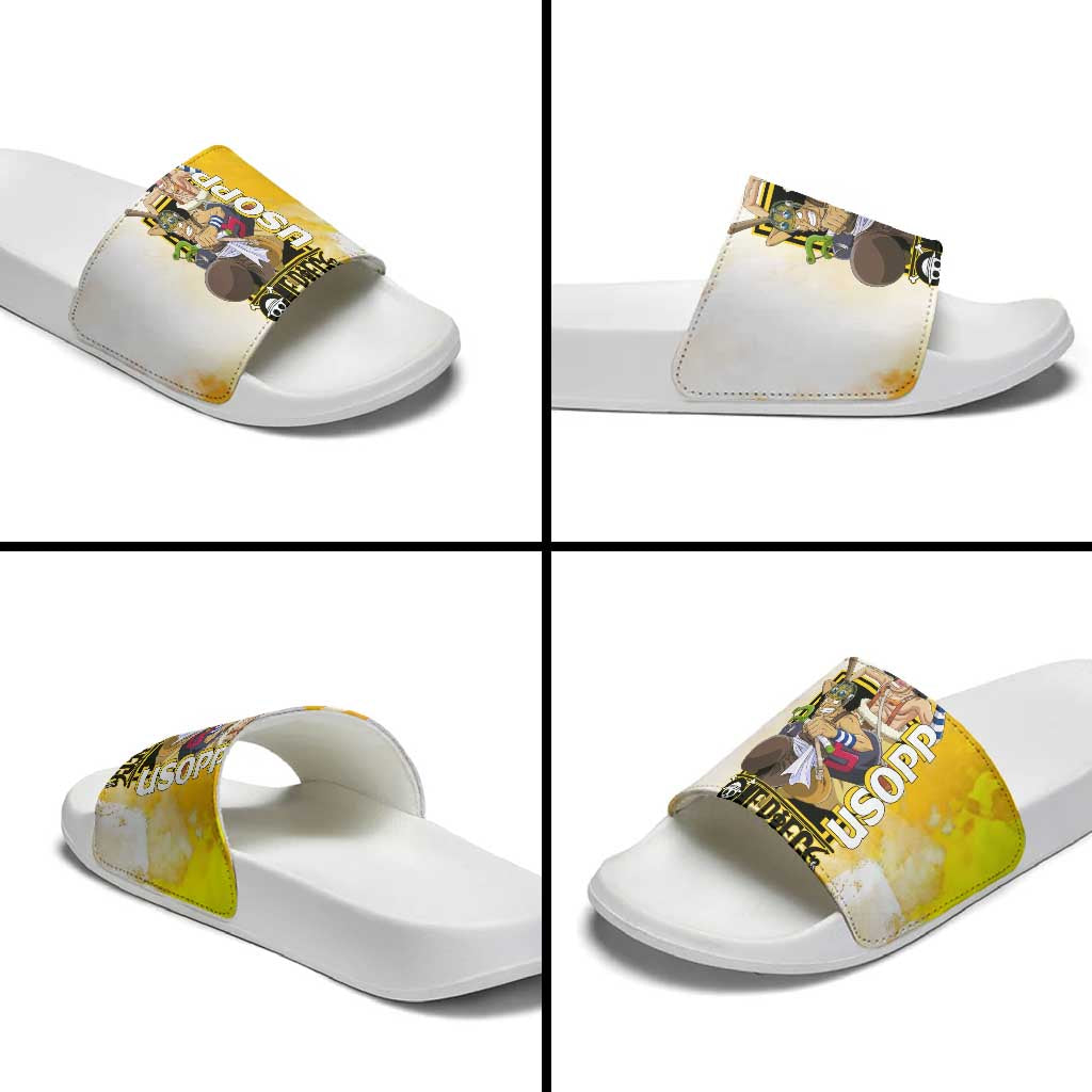 Usopp One Piece Yellow and White Theme Slide Sandals with Sniper Pose and Sogeking Mask Design - The Mazicc