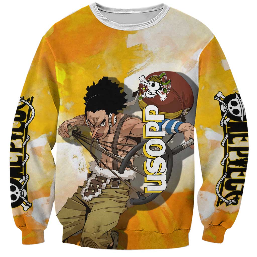 Usopp One Piece Yellow and White Theme Sweatshirt with Sniper Pose and Sogeking Mask Design - The Mazicc