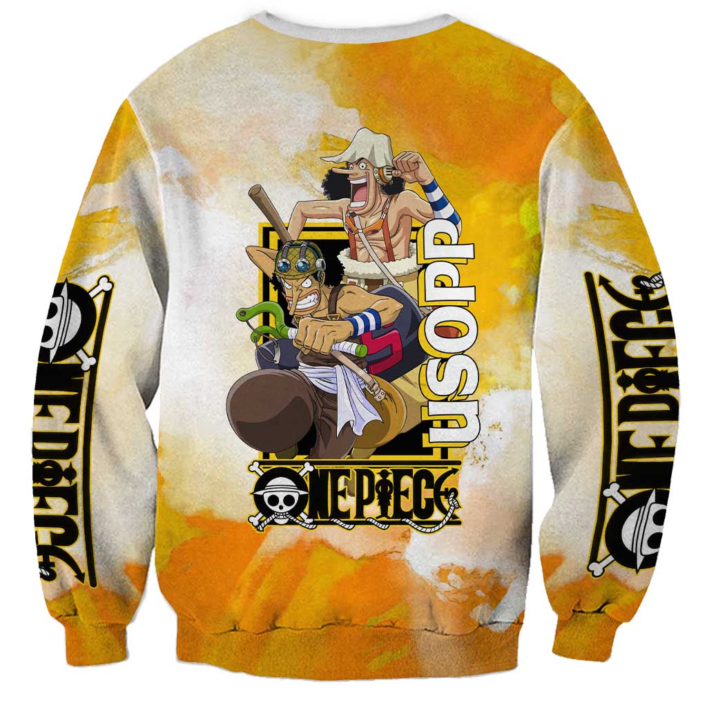 Usopp One Piece Yellow and White Theme Sweatshirt with Sniper Pose and Sogeking Mask Design - The Mazicc