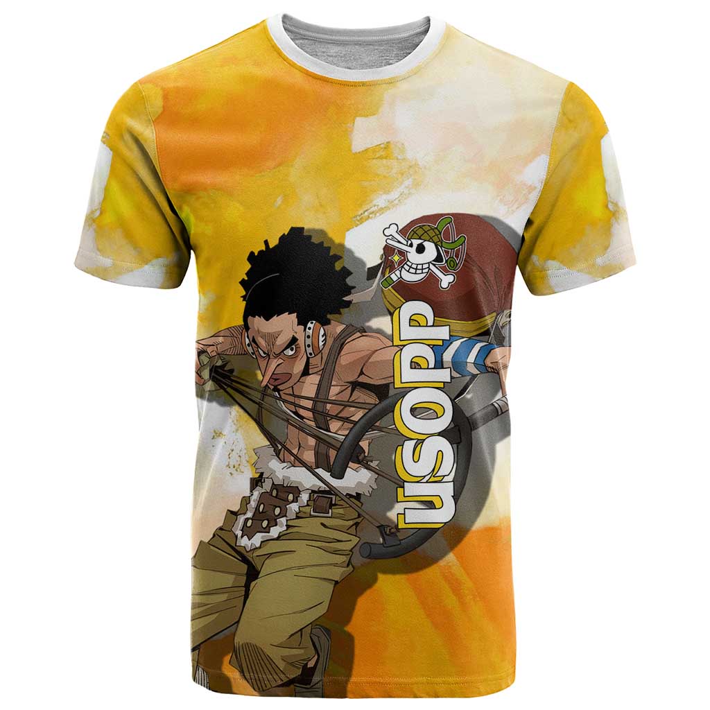 Usopp One Piece Yellow and White Theme T Shirt with Sniper Pose and Sogeking Mask Design - The Mazicc