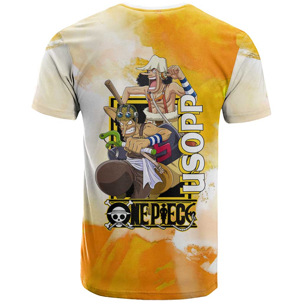 Usopp One Piece Yellow and White Theme T Shirt with Sniper Pose and Sogeking Mask Design - The Mazicc