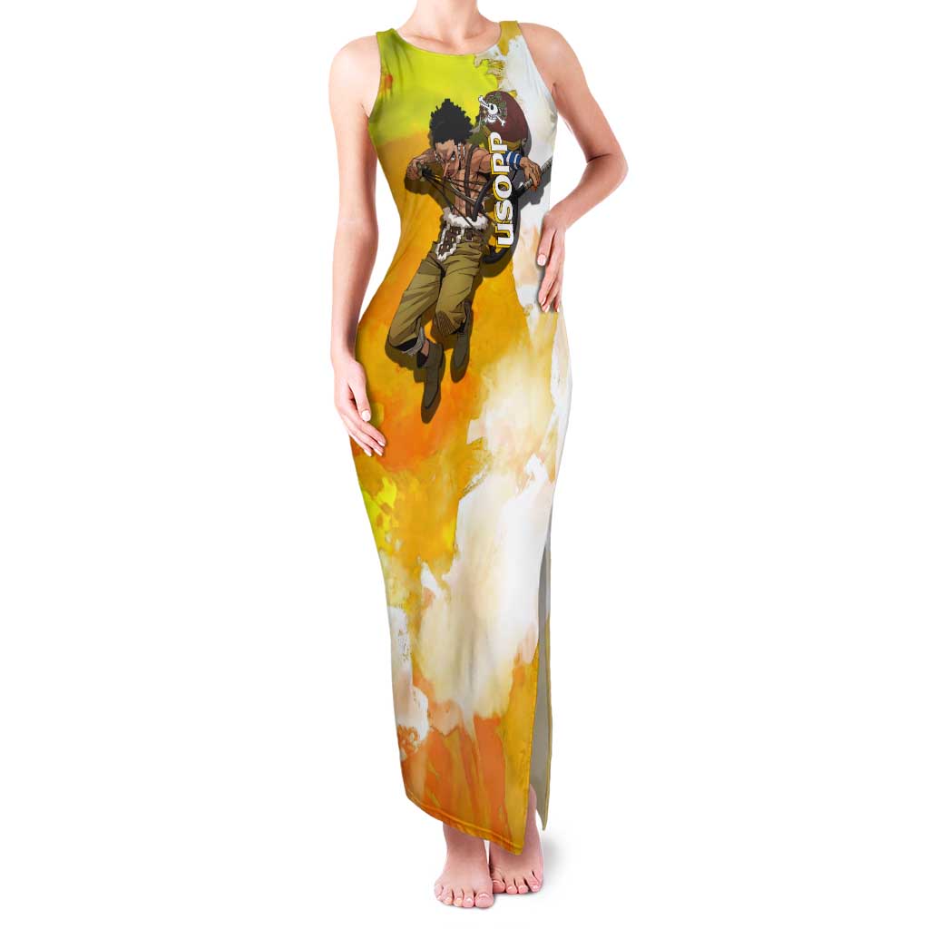 Usopp One Piece Yellow and White Theme Tank Maxi Dress with Sniper Pose and Sogeking Mask Design - The Mazicc