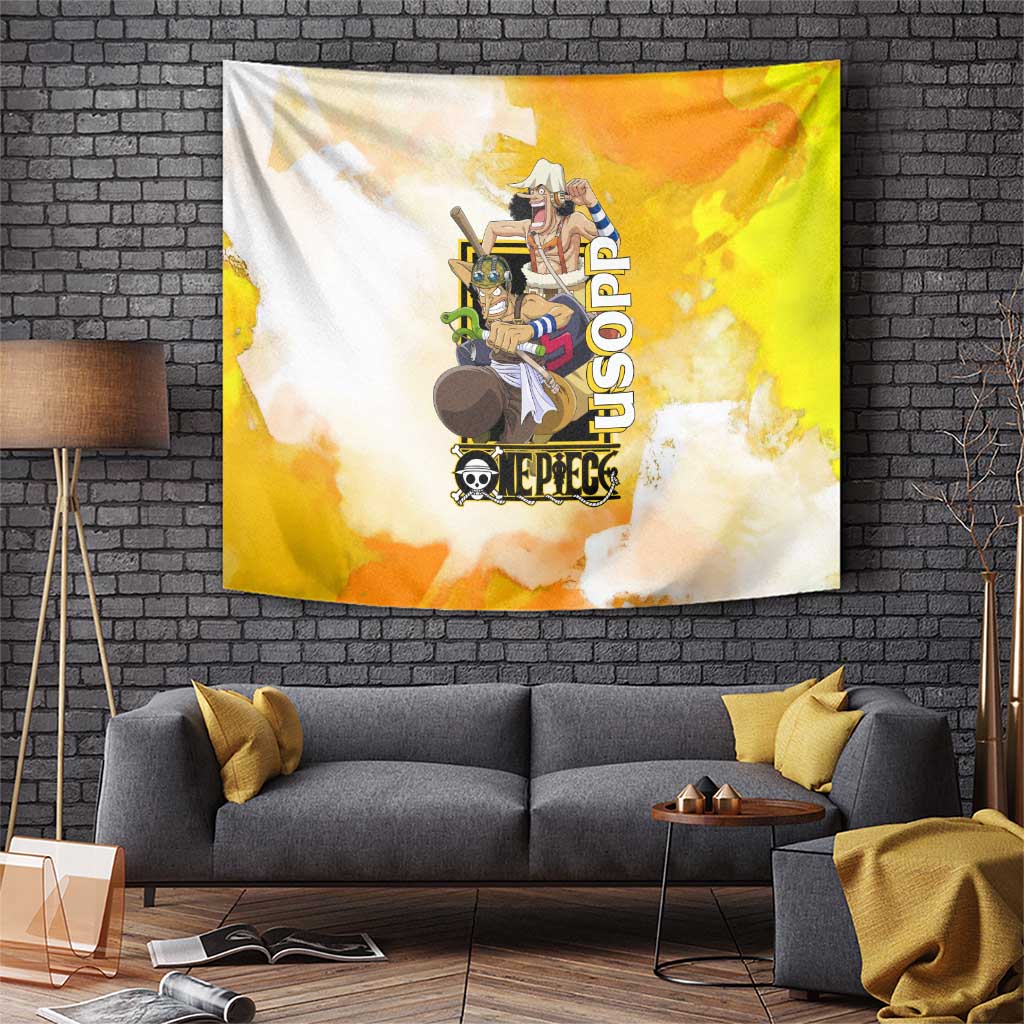 Usopp One Piece Yellow and White Theme Tapestry with Sniper Pose and Sogeking Mask Design - The Mazicc
