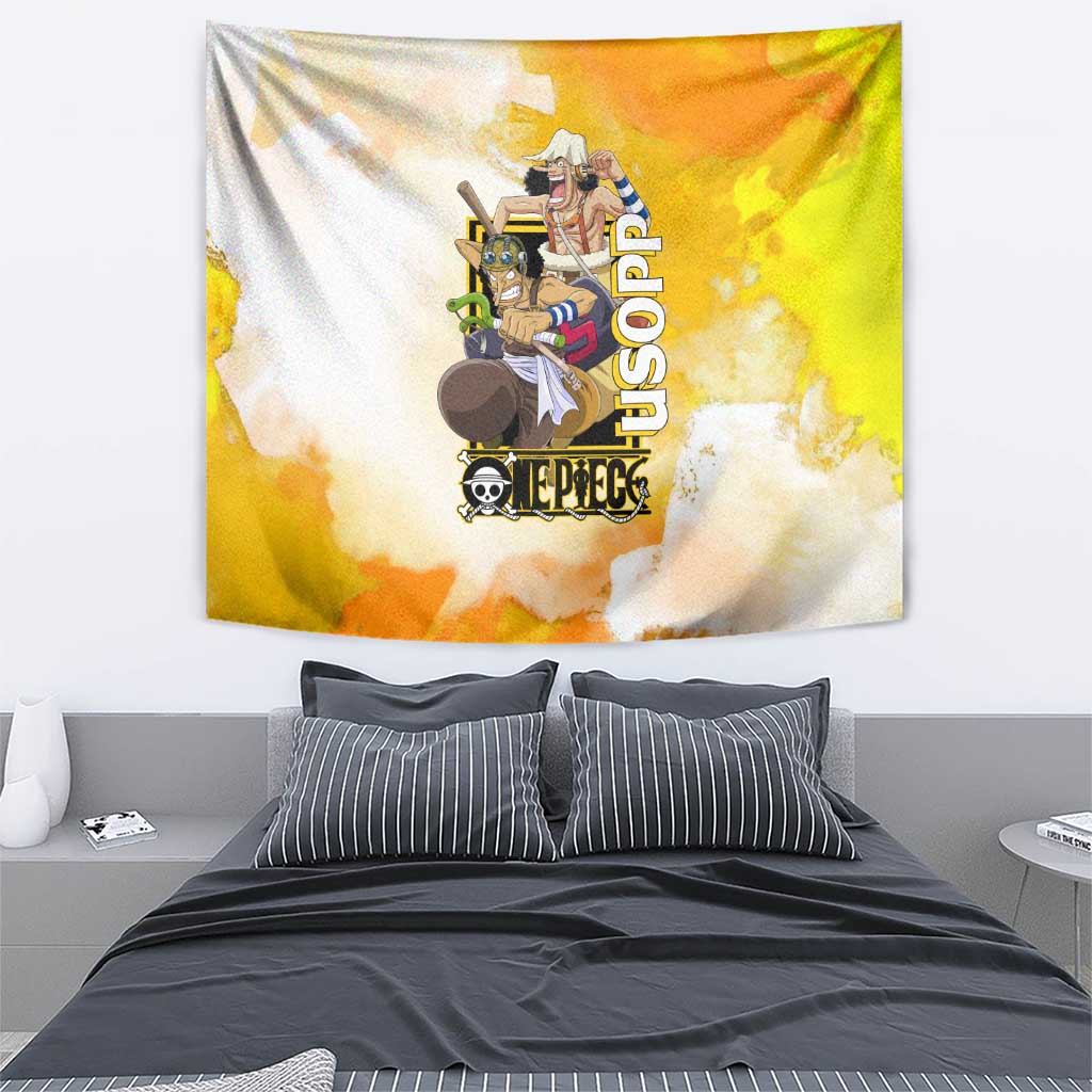 Usopp One Piece Yellow and White Theme Tapestry with Sniper Pose and Sogeking Mask Design - The Mazicc
