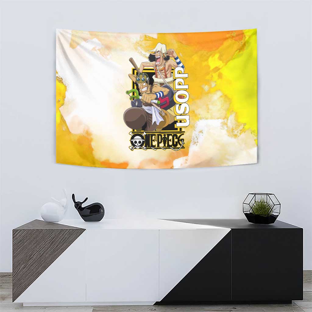 Usopp One Piece Yellow and White Theme Tapestry with Sniper Pose and Sogeking Mask Design - The Mazicc