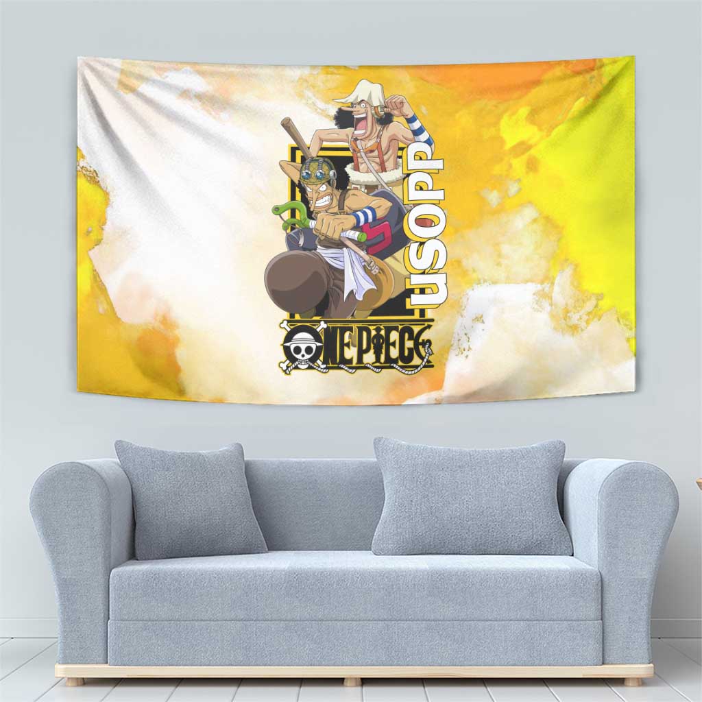 Usopp One Piece Yellow and White Theme Tapestry with Sniper Pose and Sogeking Mask Design - The Mazicc