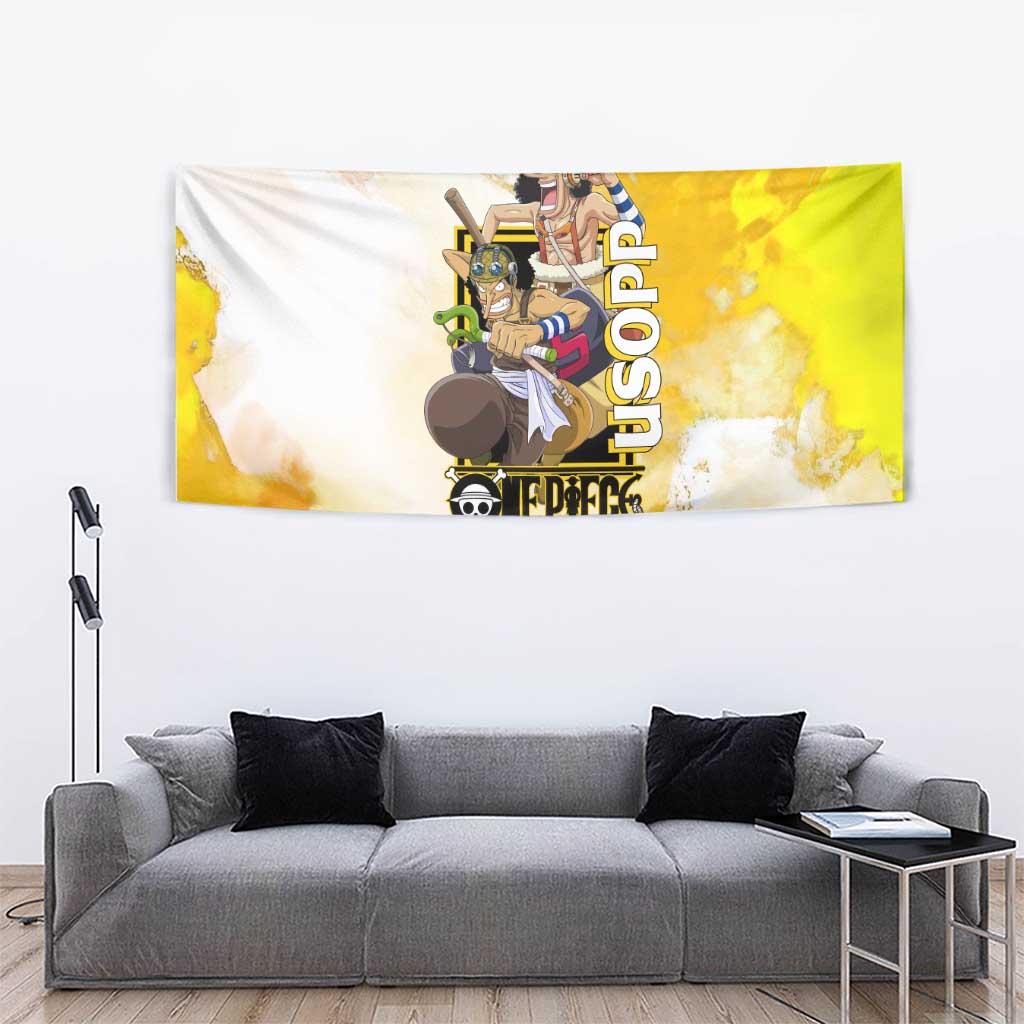 Usopp One Piece Yellow and White Theme Tapestry with Sniper Pose and Sogeking Mask Design - The Mazicc