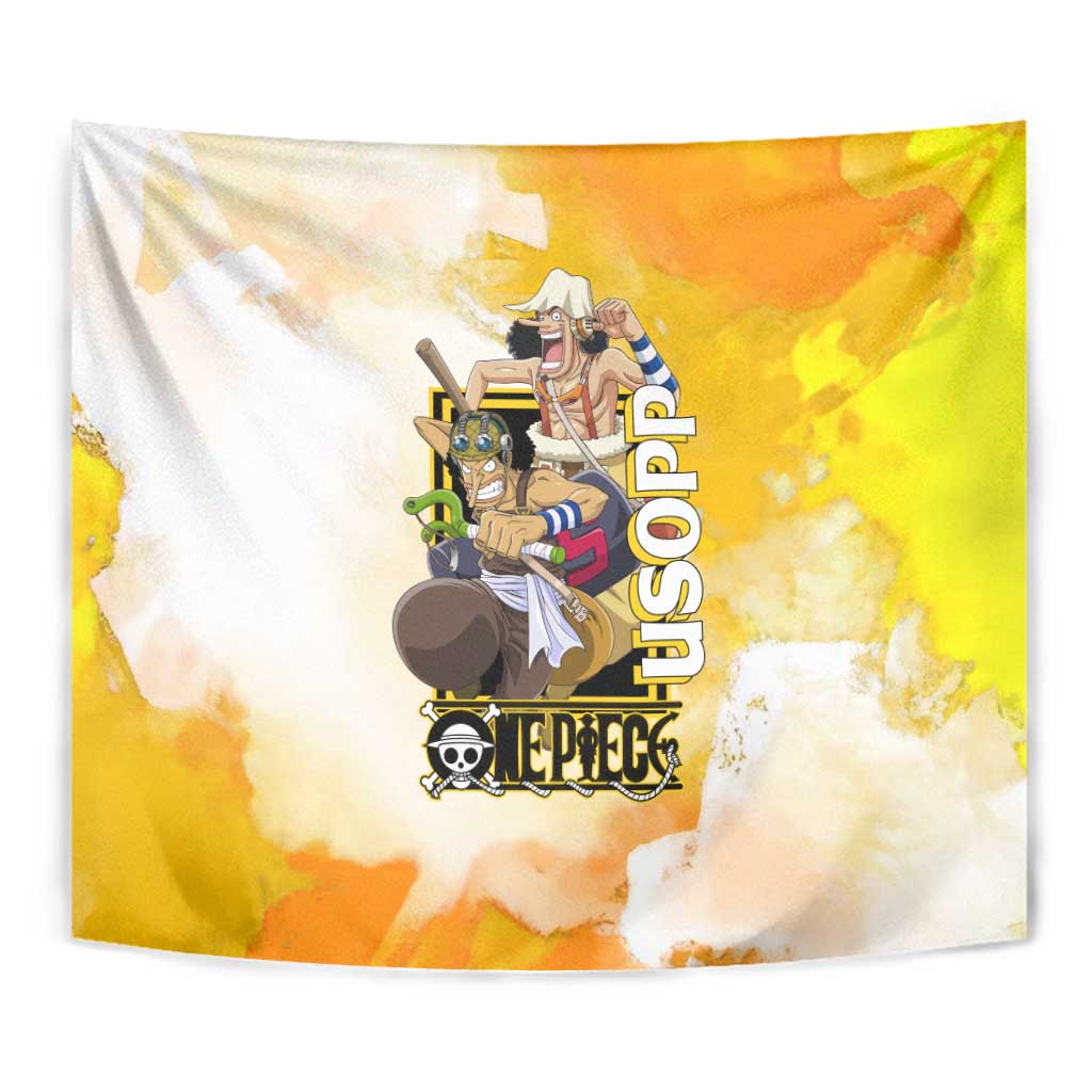 Usopp One Piece Yellow and White Theme Tapestry with Sniper Pose and Sogeking Mask Design - The Mazicc