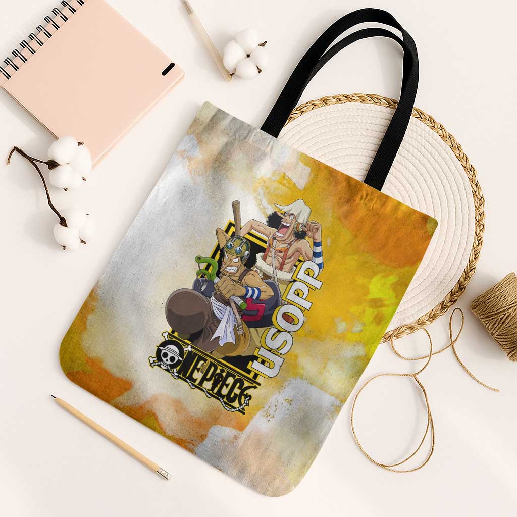 Usopp One Piece Yellow and White Theme Tote Bag with Sniper Pose and Sogeking Mask Design - The Mazicc