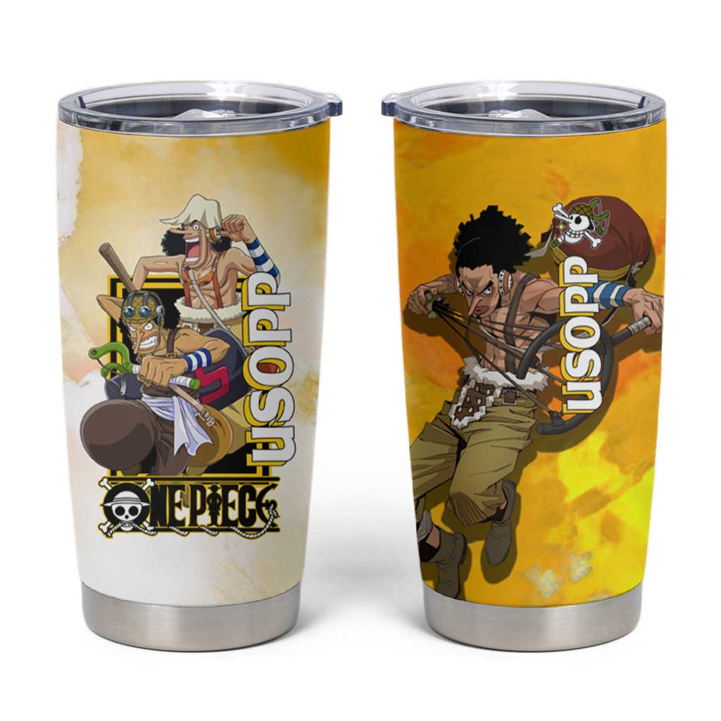 Usopp One Piece Yellow and White Theme Tumbler Cup with Sniper Pose and Sogeking Mask Design - The Mazicc