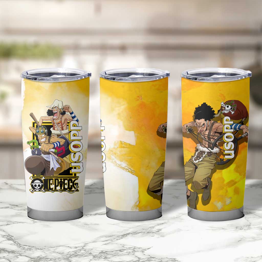 Usopp One Piece Yellow and White Theme Tumbler Cup with Sniper Pose and Sogeking Mask Design - The Mazicc