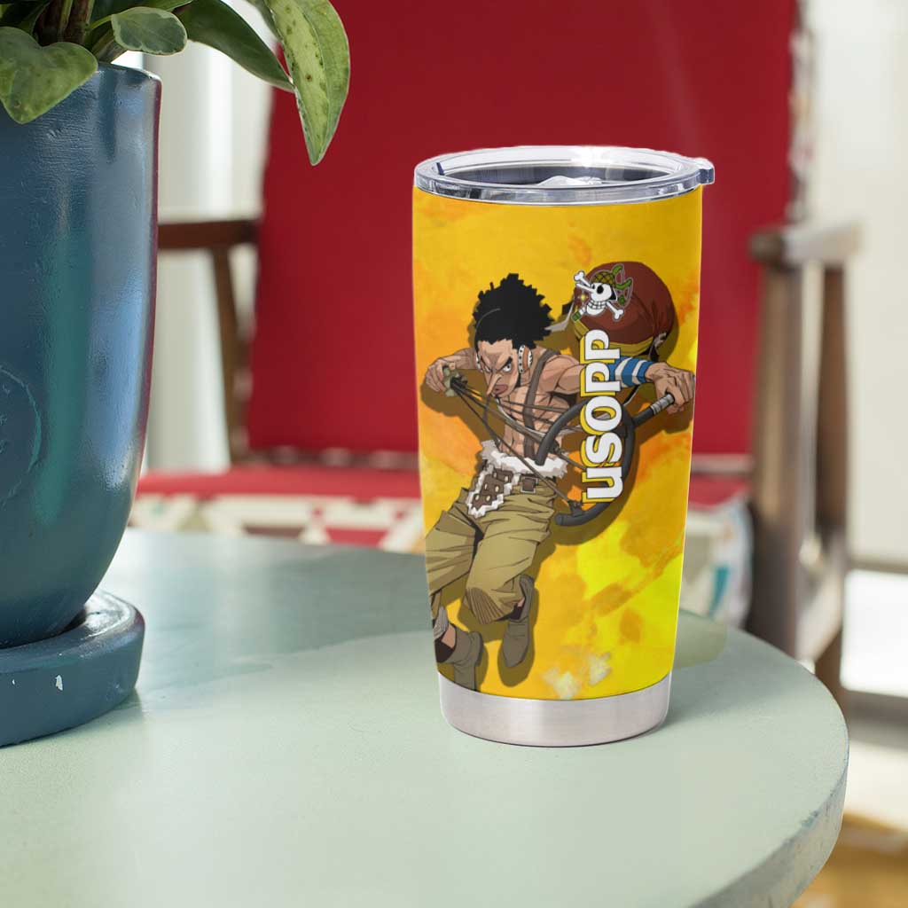Usopp One Piece Yellow and White Theme Tumbler Cup with Sniper Pose and Sogeking Mask Design - The Mazicc
