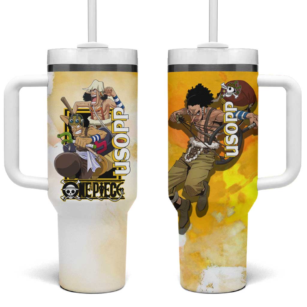 Usopp One Piece Yellow and White Theme Tumbler With Handle with Sniper Pose and Sogeking Mask Design - The Mazicc