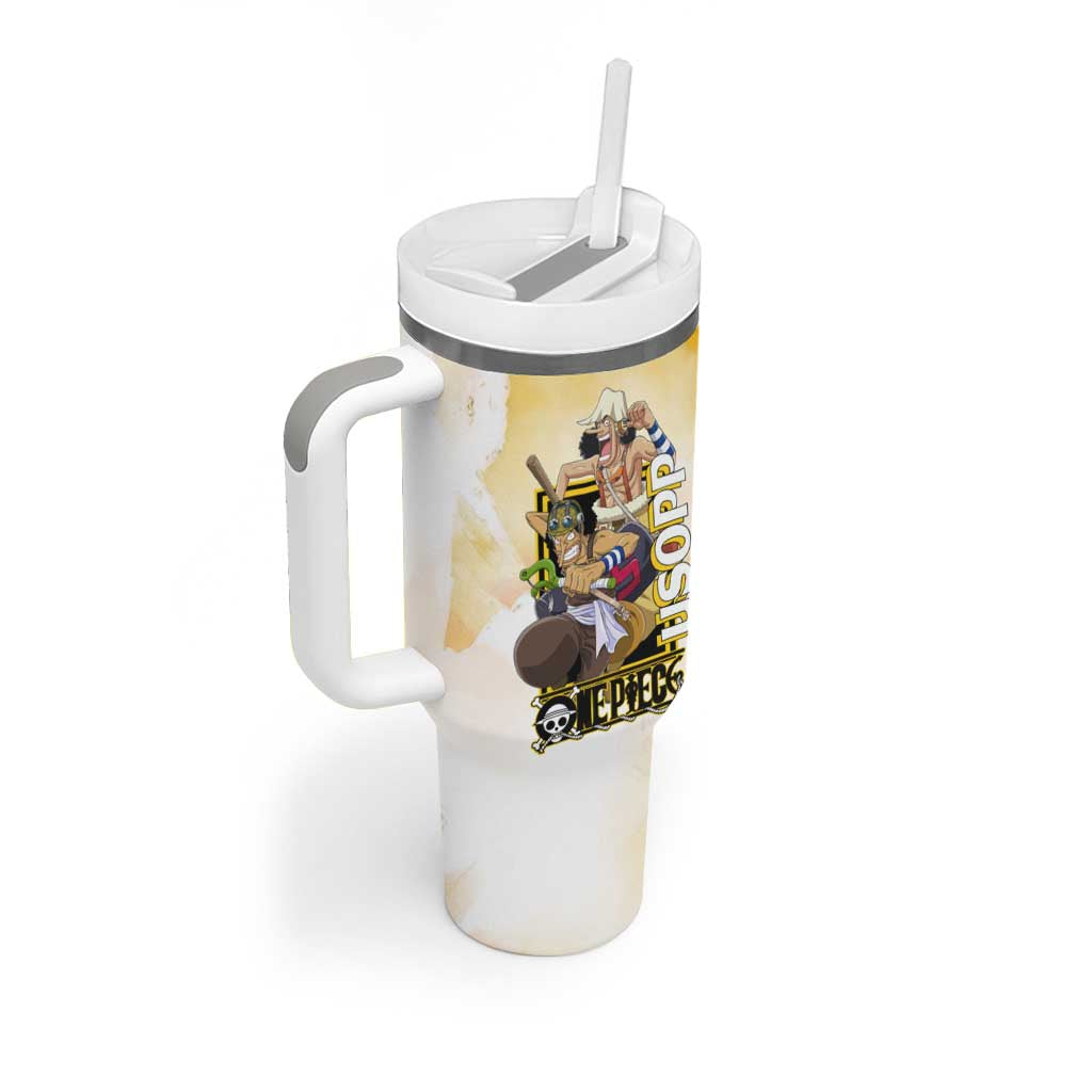 Usopp One Piece Yellow and White Theme Tumbler With Handle with Sniper Pose and Sogeking Mask Design - The Mazicc