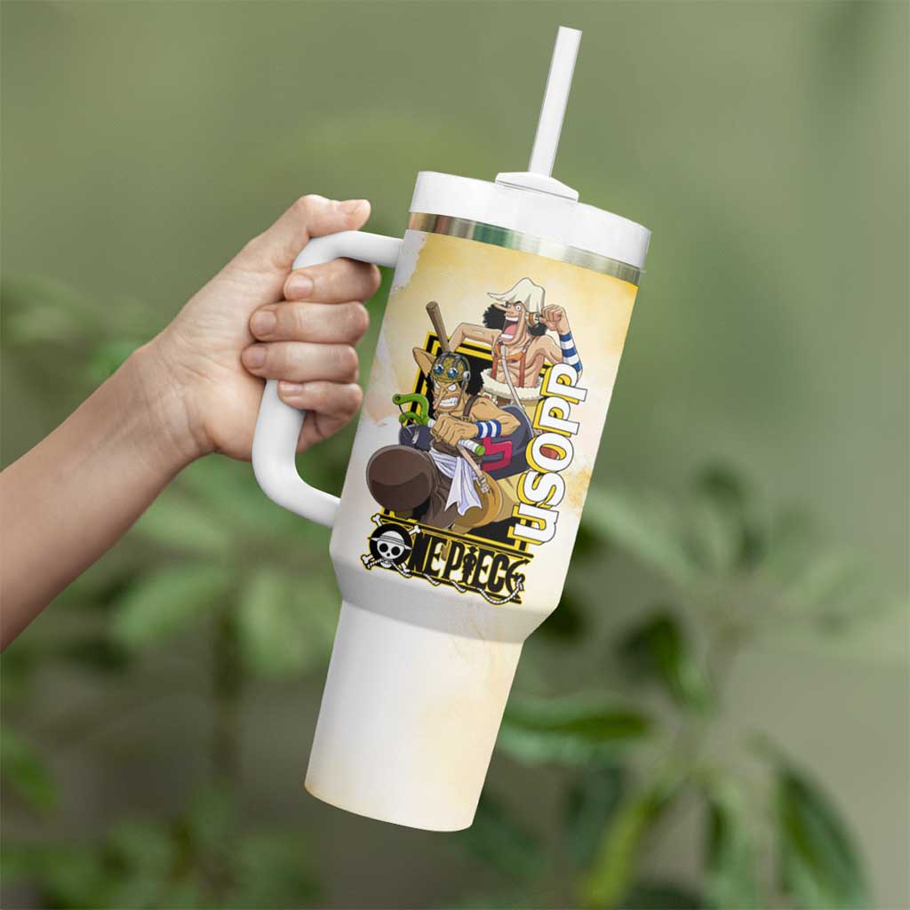 Usopp One Piece Yellow and White Theme Tumbler With Handle with Sniper Pose and Sogeking Mask Design - The Mazicc