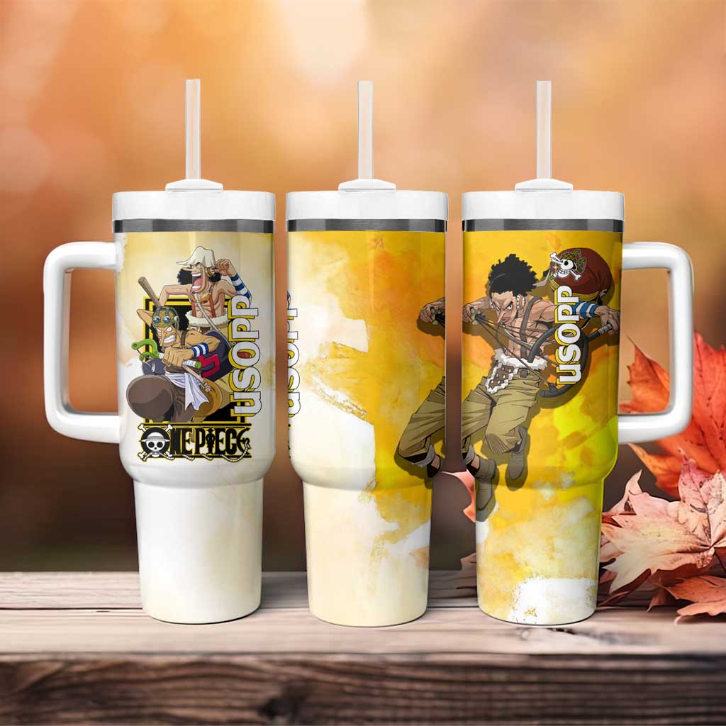 Usopp One Piece Yellow and White Theme Tumbler With Handle with Sniper Pose and Sogeking Mask Design - The Mazicc