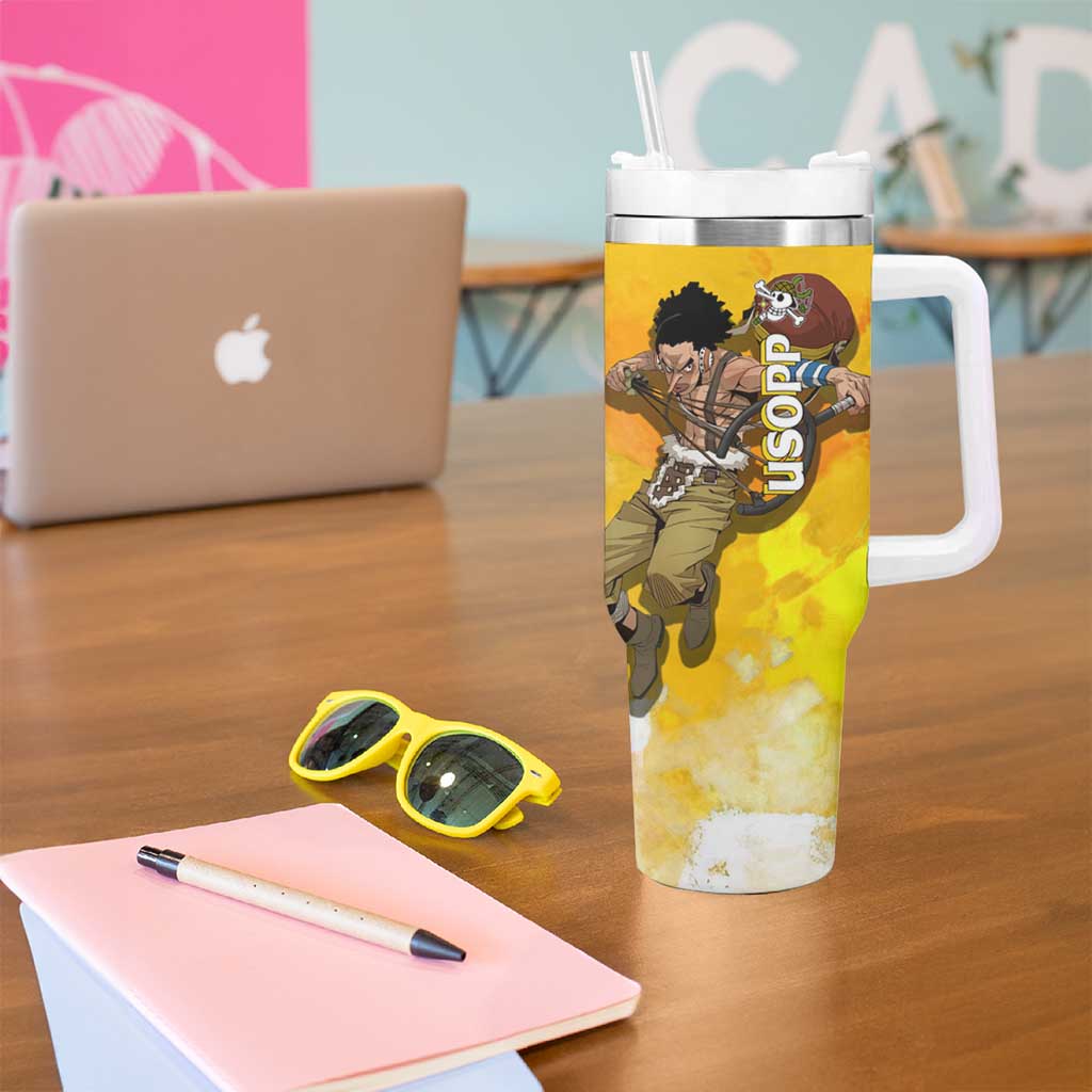 Usopp One Piece Yellow and White Theme Tumbler With Handle with Sniper Pose and Sogeking Mask Design - The Mazicc