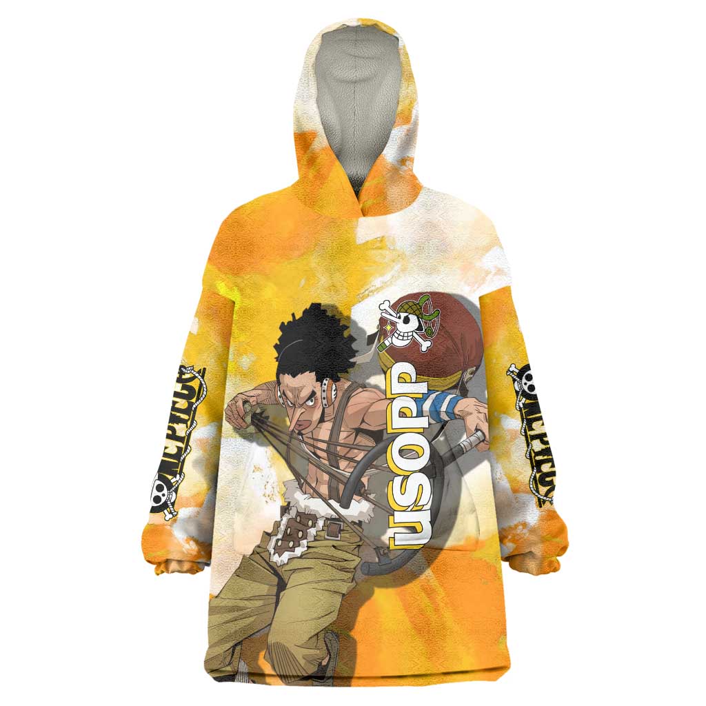 Usopp One Piece Yellow and White Theme Wearable Blanket Hoodie with Sniper Pose and Sogeking Mask Design - The Mazicc