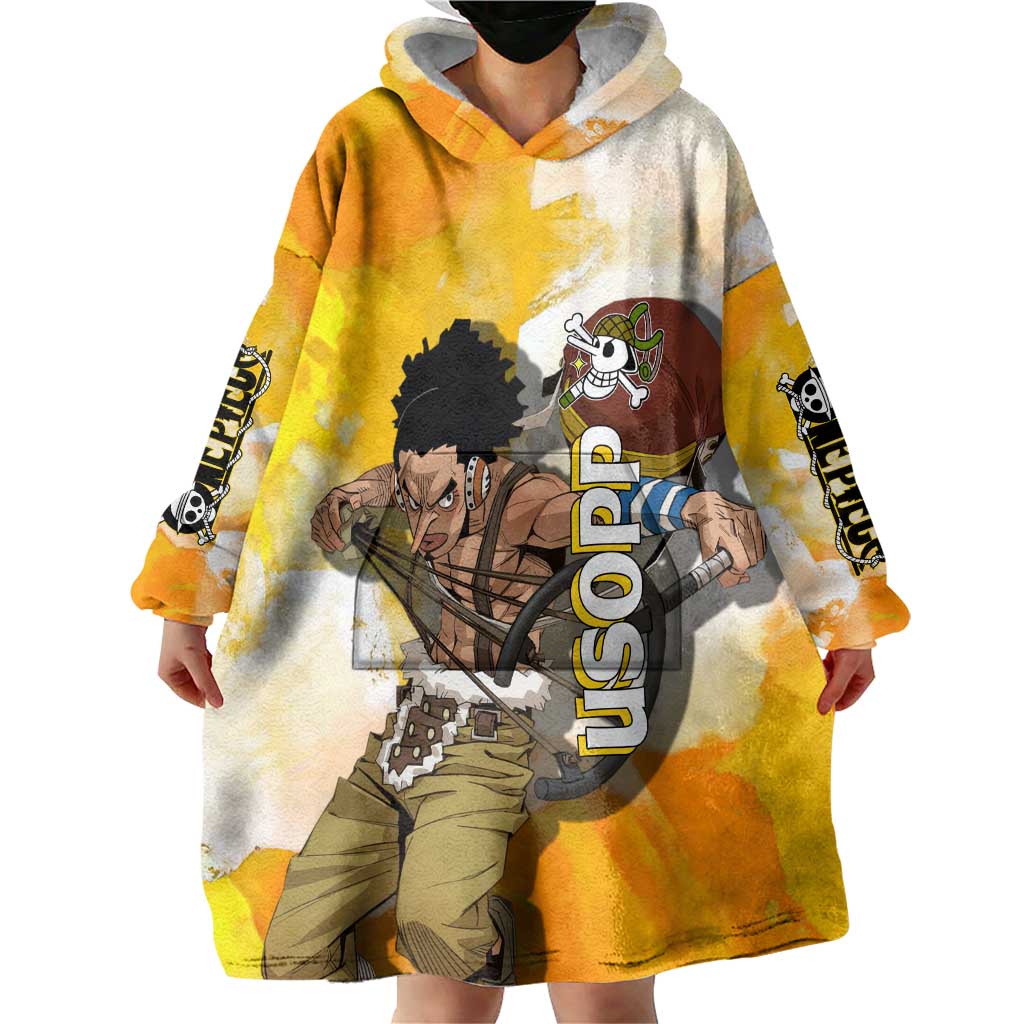Usopp One Piece Yellow and White Theme Wearable Blanket Hoodie with Sniper Pose and Sogeking Mask Design - The Mazicc