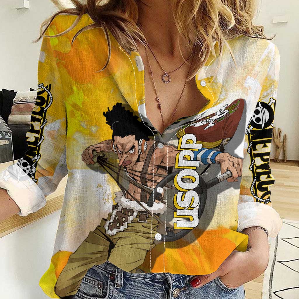 Usopp One Piece Yellow and White Theme Women Casual Shirt with Sniper Pose and Sogeking Mask Design - The Mazicc