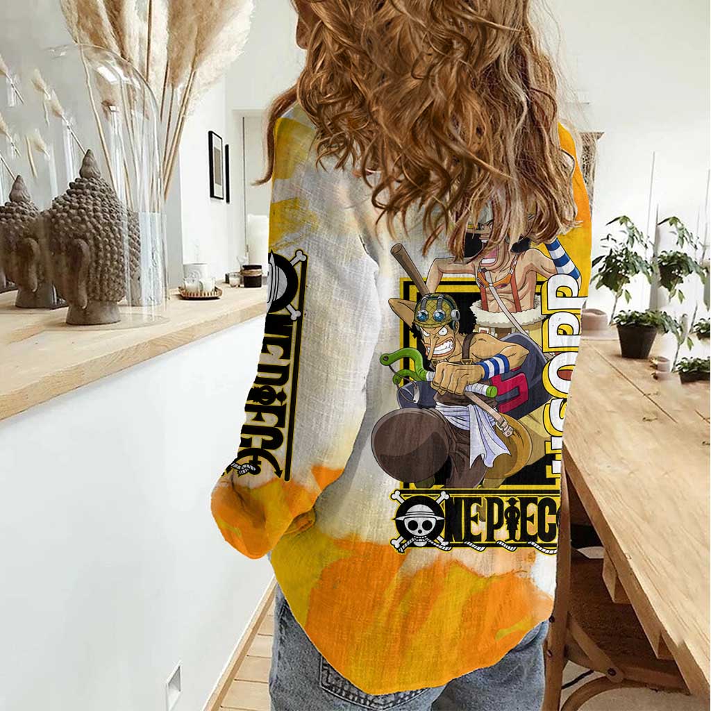 Usopp One Piece Yellow and White Theme Women Casual Shirt with Sniper Pose and Sogeking Mask Design - The Mazicc