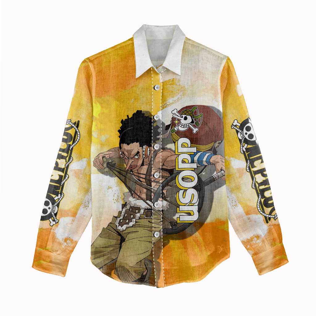 Usopp One Piece Yellow and White Theme Women Casual Shirt with Sniper Pose and Sogeking Mask Design - The Mazicc