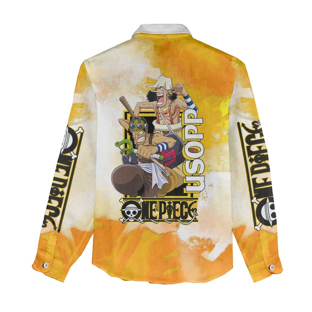 Usopp One Piece Yellow and White Theme Women Casual Shirt with Sniper Pose and Sogeking Mask Design - The Mazicc