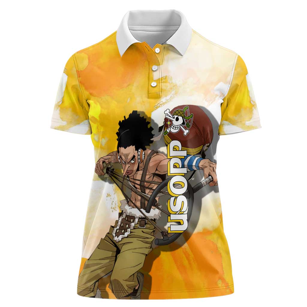 Usopp One Piece Yellow and White Theme Women Polo Shirt with Sniper Pose and Sogeking Mask Design - The Mazicc