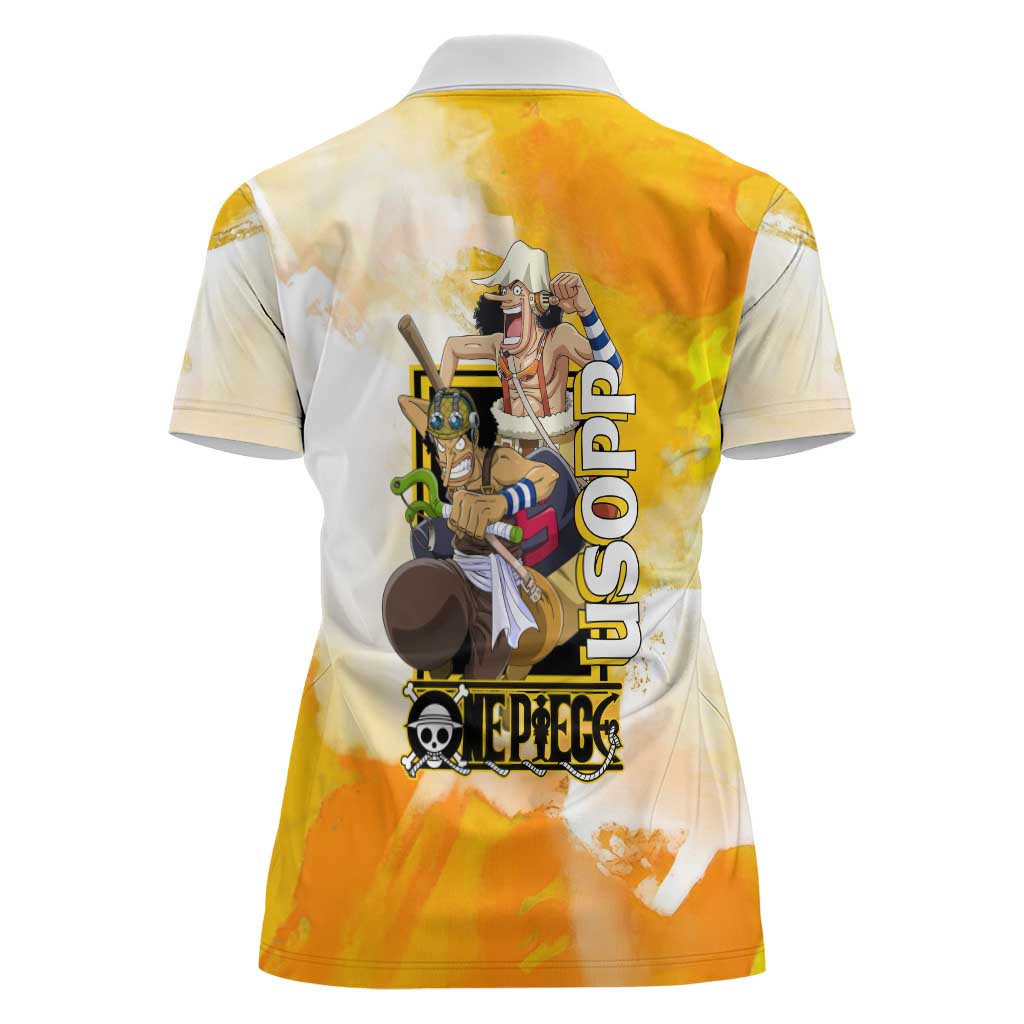 Usopp One Piece Yellow and White Theme Women Polo Shirt with Sniper Pose and Sogeking Mask Design - The Mazicc