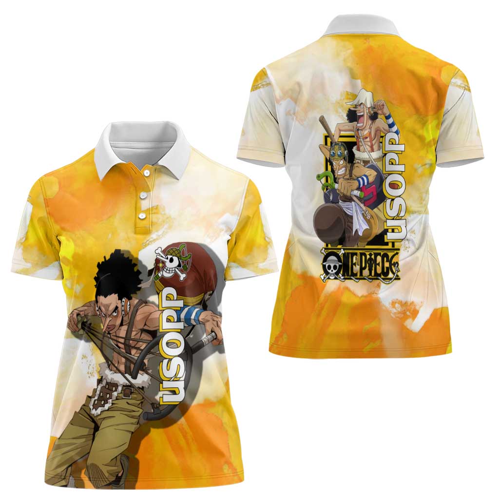 Usopp One Piece Yellow and White Theme Women Polo Shirt with Sniper Pose and Sogeking Mask Design - The Mazicc