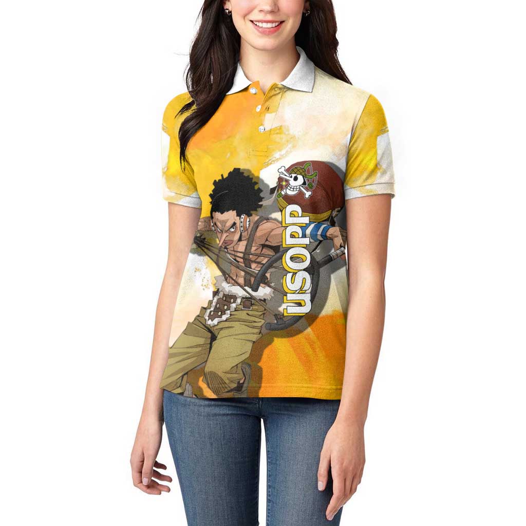 Usopp One Piece Yellow and White Theme Women Polo Shirt with Sniper Pose and Sogeking Mask Design - The Mazicc