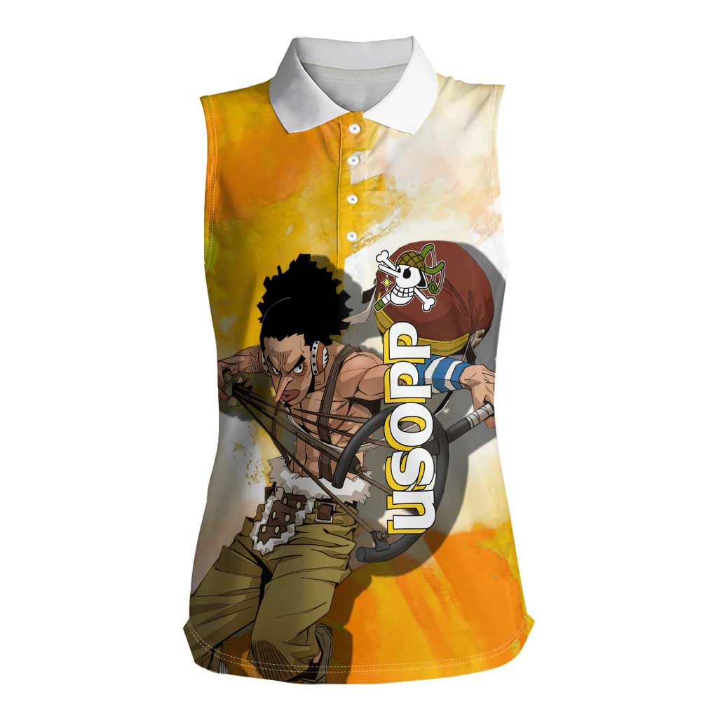 Usopp One Piece Yellow and White Theme Women Sleeveless Polo Shirt with Sniper Pose and Sogeking Mask Design - The Mazicc