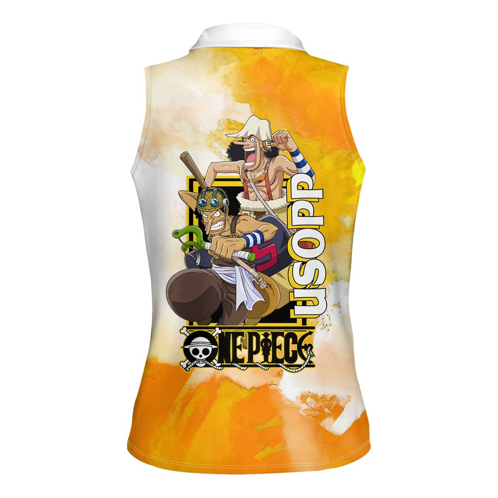 Usopp One Piece Yellow and White Theme Women Sleeveless Polo Shirt with Sniper Pose and Sogeking Mask Design - The Mazicc