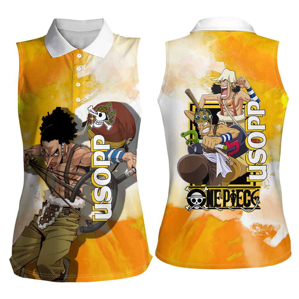 Usopp One Piece Yellow and White Theme Women Sleeveless Polo Shirt with Sniper Pose and Sogeking Mask Design - The Mazicc