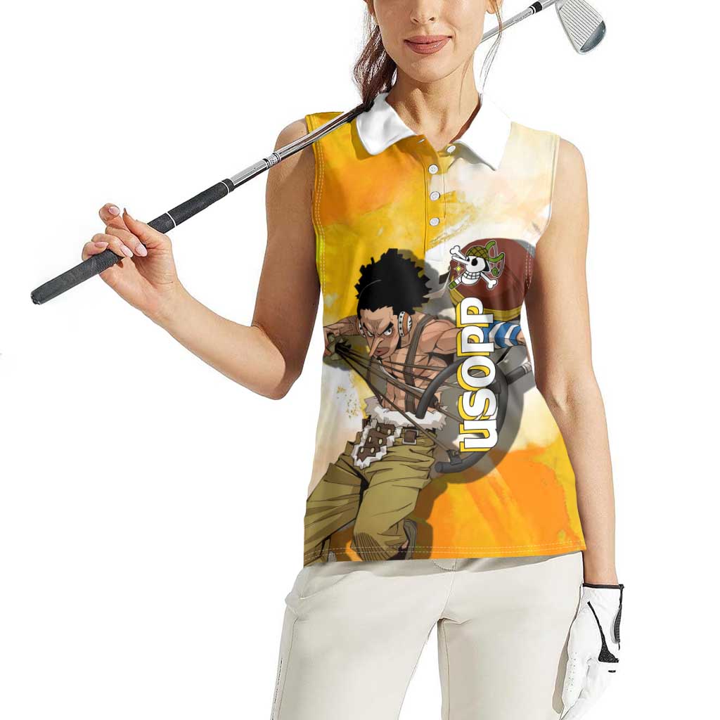 Usopp One Piece Yellow and White Theme Women Sleeveless Polo Shirt with Sniper Pose and Sogeking Mask Design - The Mazicc
