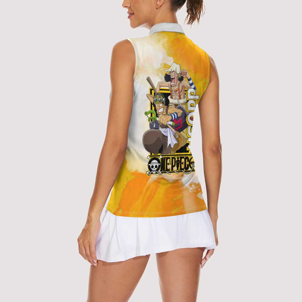 Usopp One Piece Yellow and White Theme Women Sleeveless Polo Shirt with Sniper Pose and Sogeking Mask Design - The Mazicc
