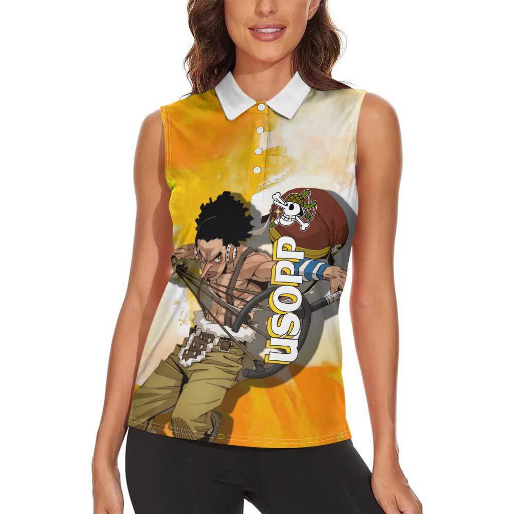 Usopp One Piece Yellow and White Theme Women Sleeveless Polo Shirt with Sniper Pose and Sogeking Mask Design - The Mazicc