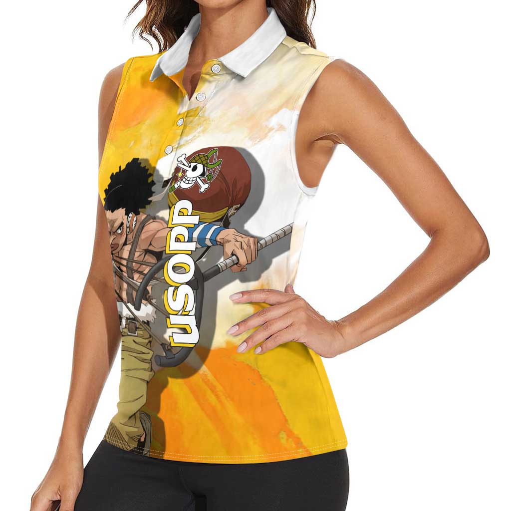 Usopp One Piece Yellow and White Theme Women Sleeveless Polo Shirt with Sniper Pose and Sogeking Mask Design - The Mazicc