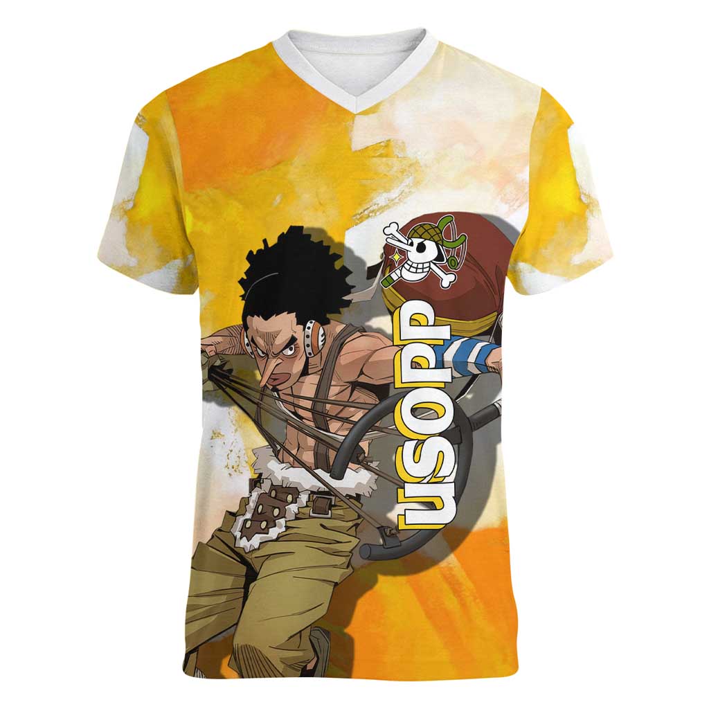 Usopp One Piece Yellow and White Theme Women V-Neck T-Shirt with Sniper Pose and Sogeking Mask Design - The Mazicc