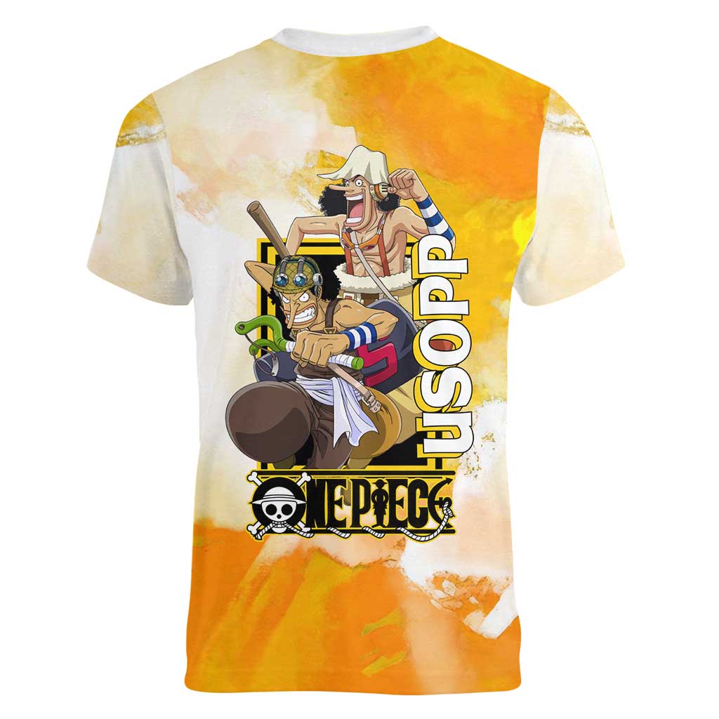 Usopp One Piece Yellow and White Theme Women V-Neck T-Shirt with Sniper Pose and Sogeking Mask Design - The Mazicc
