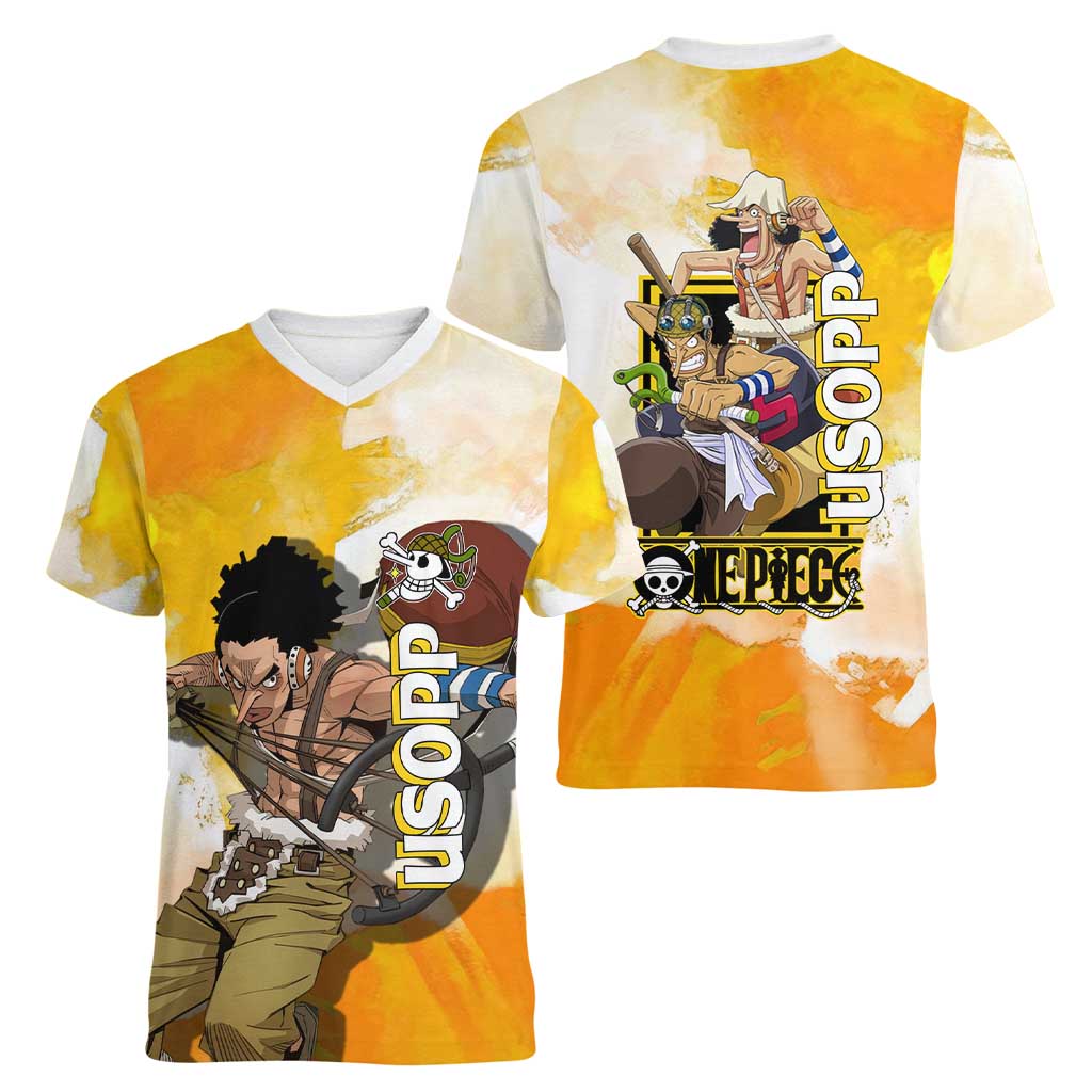 Usopp One Piece Yellow and White Theme Women V-Neck T-Shirt with Sniper Pose and Sogeking Mask Design - The Mazicc
