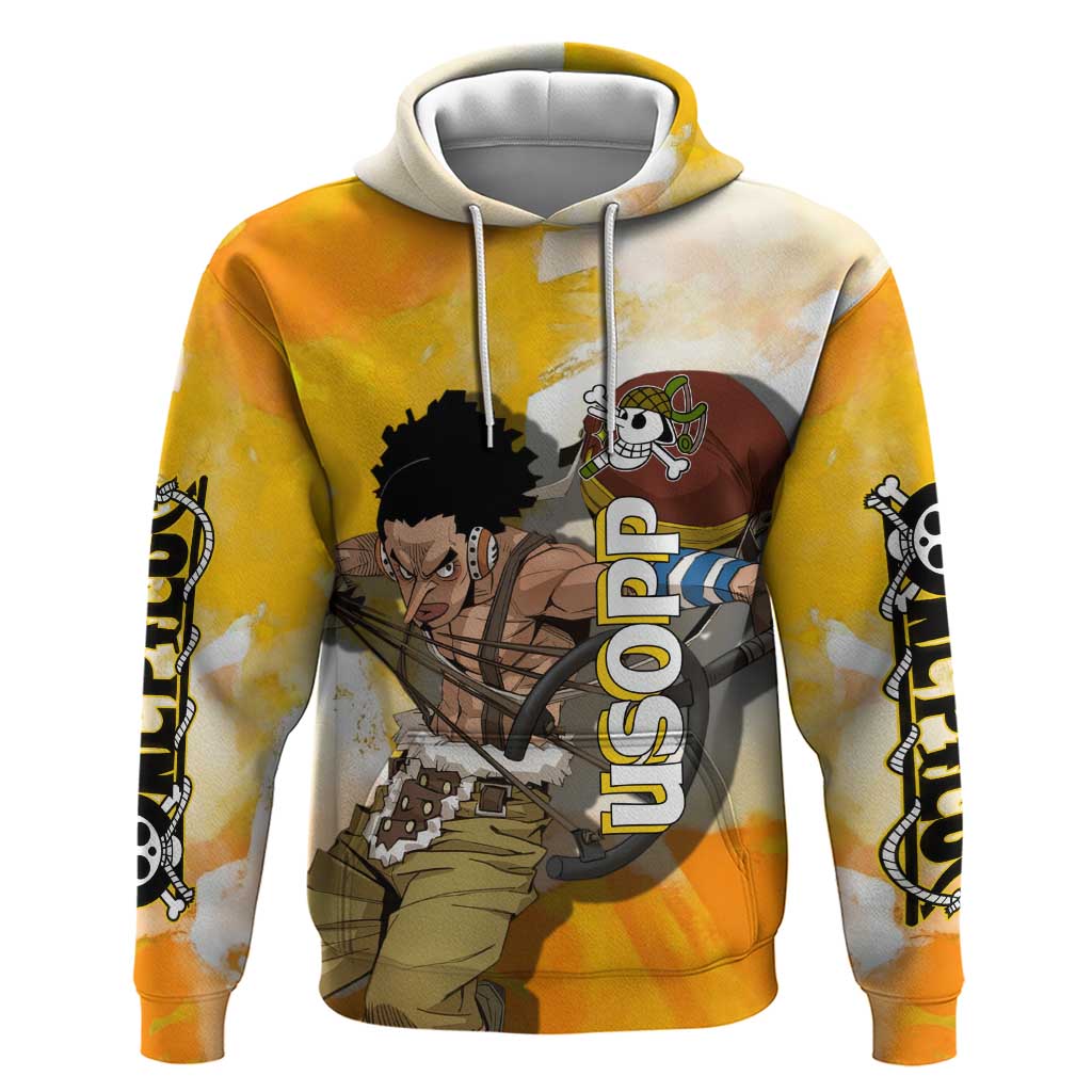 Usopp One Piece Yellow and White Theme Zip Hoodie with Sniper Pose and Sogeking Mask Design - The Mazicc