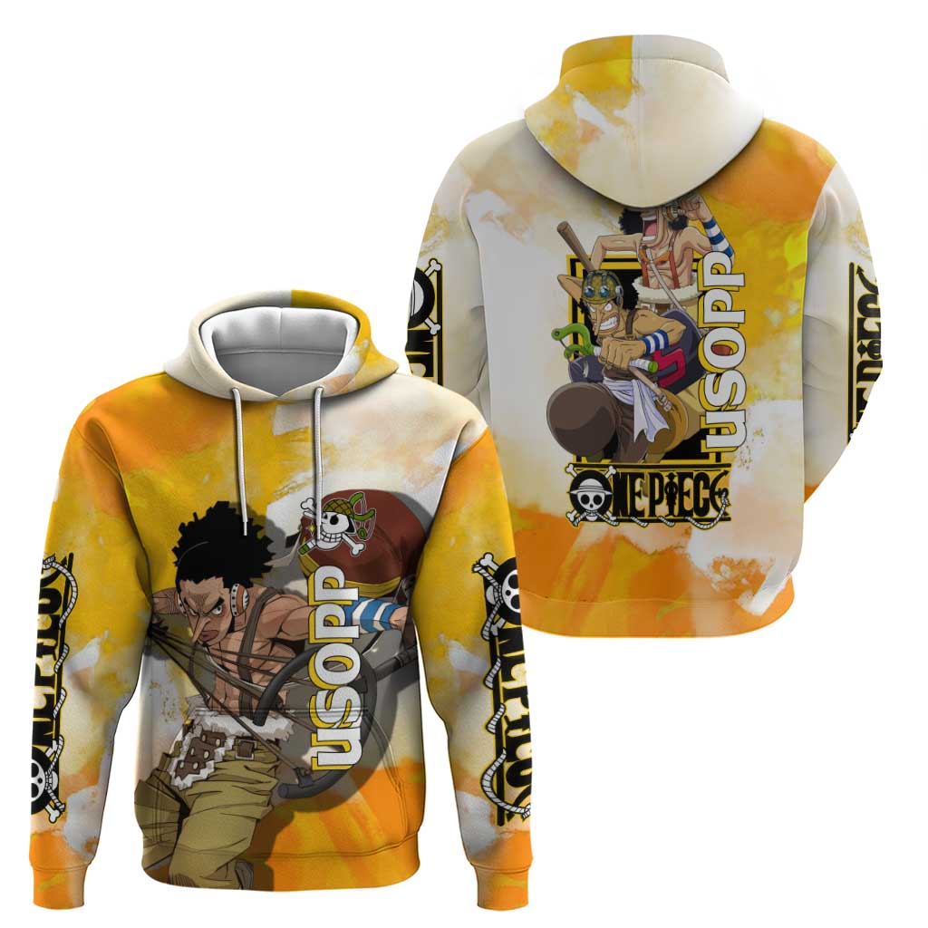 Usopp One Piece Yellow and White Theme Zip Hoodie with Sniper Pose and Sogeking Mask Design - The Mazicc