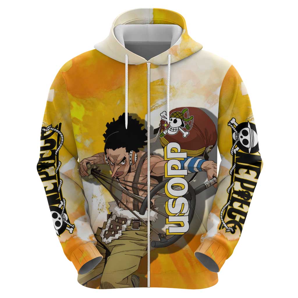 Usopp One Piece Yellow and White Theme Zip Hoodie with Sniper Pose and Sogeking Mask Design - The Mazicc