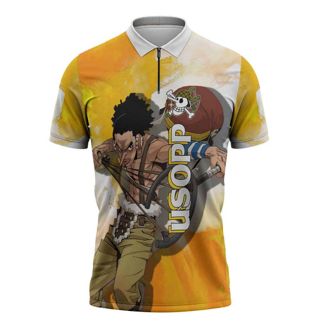Usopp One Piece Yellow and White Theme Zipper Polo Shirt with Sniper Pose and Sogeking Mask Design - The Mazicc