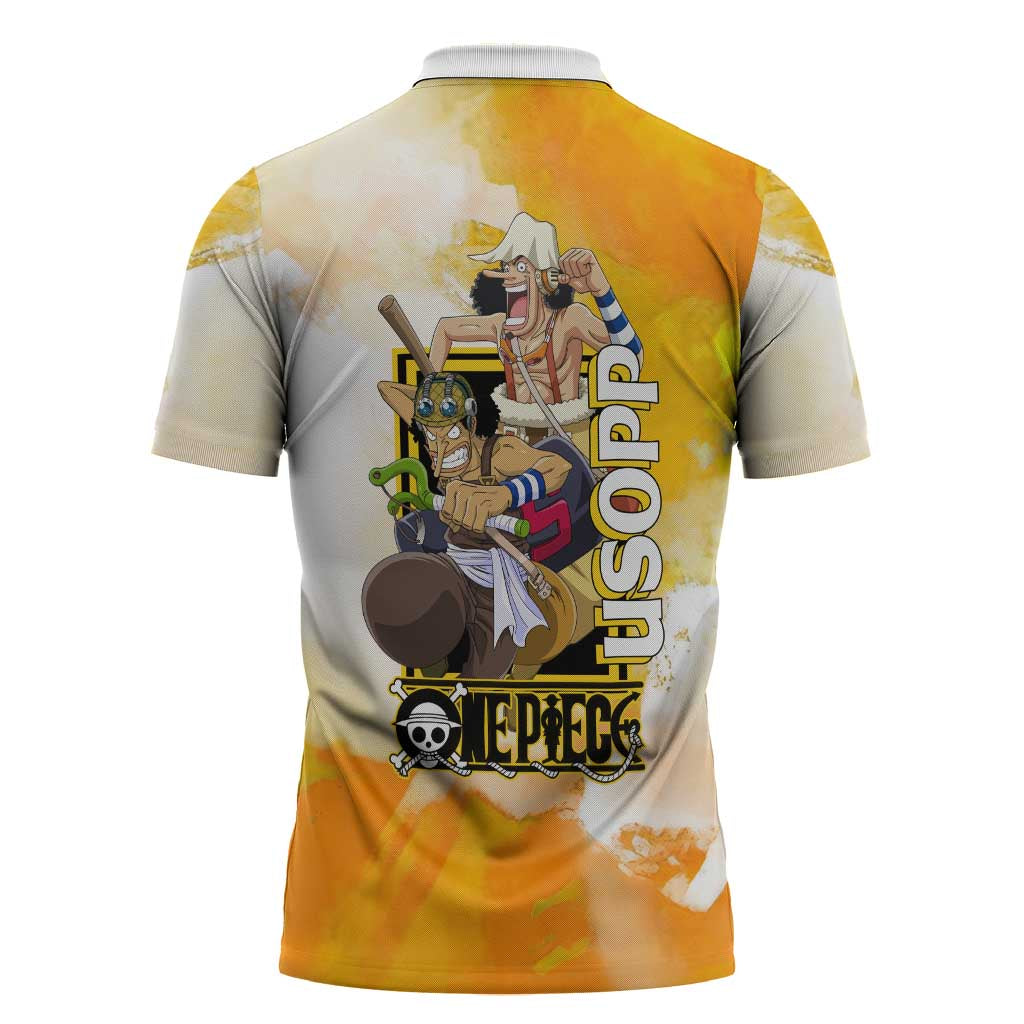 Usopp One Piece Yellow and White Theme Zipper Polo Shirt with Sniper Pose and Sogeking Mask Design - The Mazicc